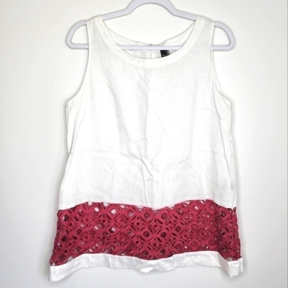 Ravel Tank Top 100% Linen Crochet Back Zip White Magenta‎ Medium